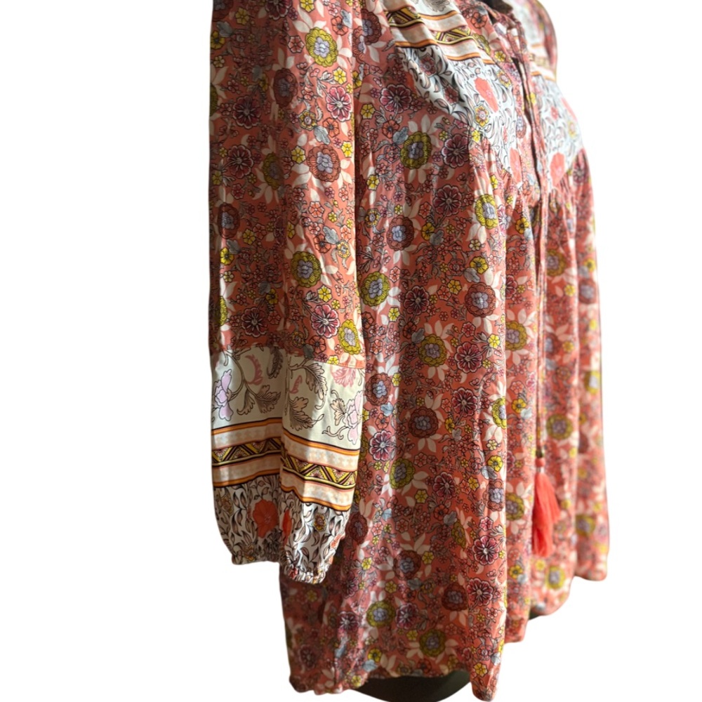 Jane & Delancey Mixed Floral Bohemian Top v-neckline tassel ties retro small - Picture 3 of 8